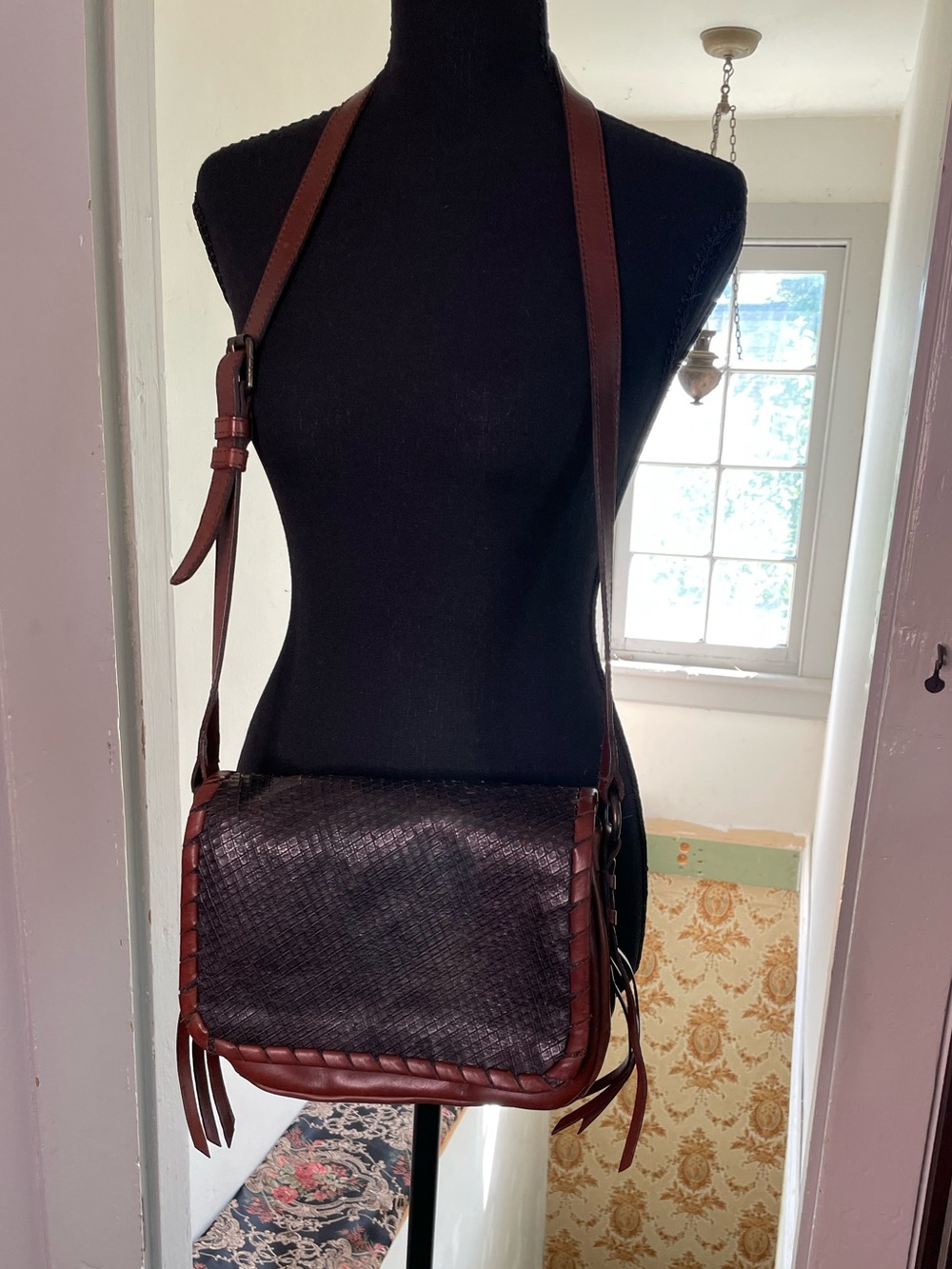 Frye Brown Leather Crossbody Bag with Dark brown diamond stamped front flap